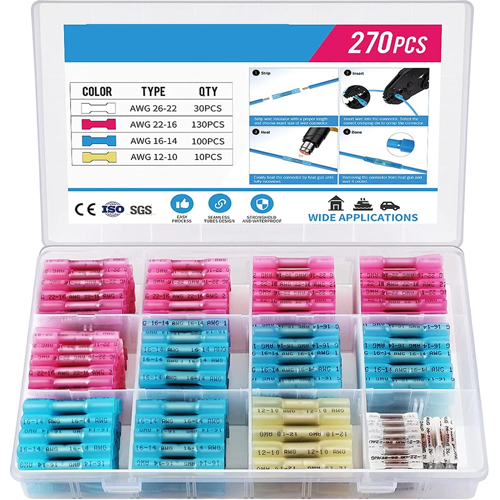 

Термоусадочные стыковые соединители 270 шт. AWG 24-10 0,3-мм 2 водонепроницаемые изолированные обжимные клеммы для автомобильных проводов
