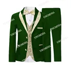 3 предмета, Зеленый Детский официальный Свадебный костюм, Золотой жакет с отворотом + жилет + брюки, детское платье, одежда для шафера, Блейзер, смокинги для мальчиков 2021