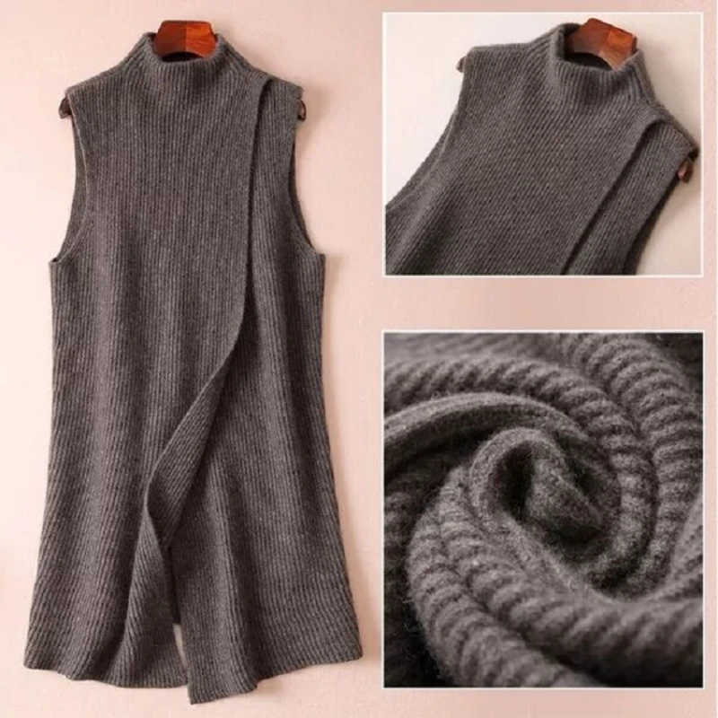 Autumn and winter new solid color knitted cashmere jacket vest female long section half-high round neck sleeveless wool sweater