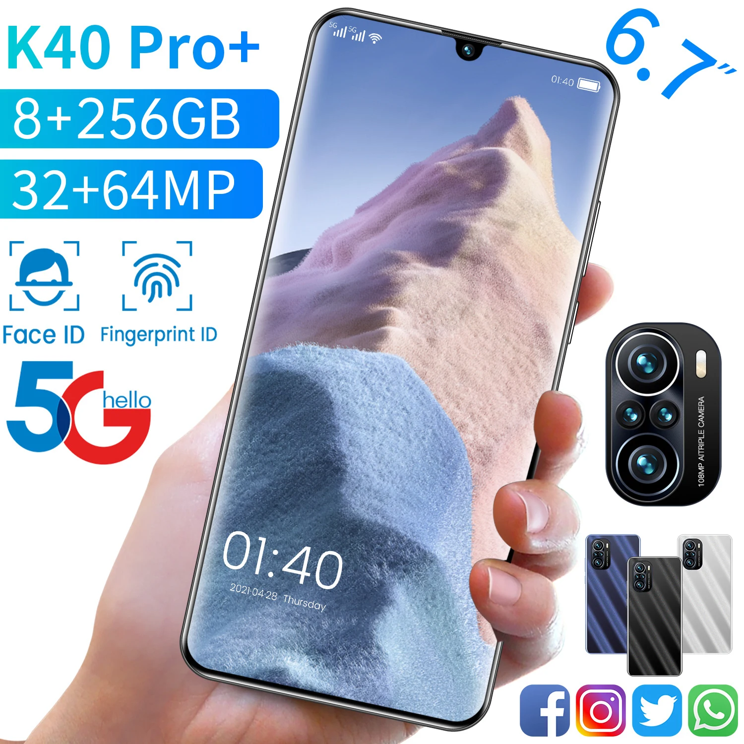 

Global Version K40 Pro+ Smartphone 6.7 Inch 8+256GB 6000mAh Battery 32+64MP HD Camera Android Phone 4G 5G Mobile Cell Phone