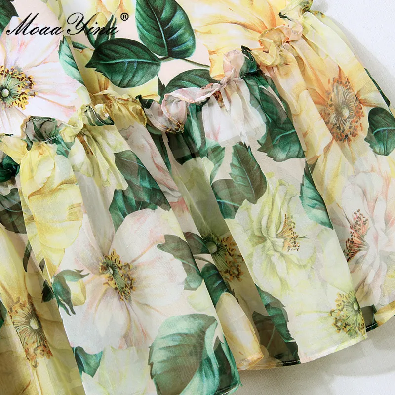 

MoaaYina New 2021 Designer Summer Dress Women's Fashion Sleeveless Ruffle Camellia Print V-neck Splicing Chiffon Midi Dress