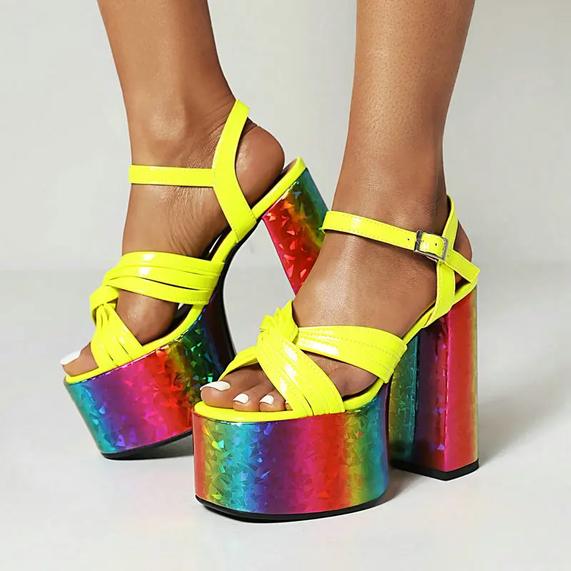 

2022 Summer Women High Heel Shoes Platform Square High Heel Ladies Sandals Mixed Color Faux Leather Open Toe Women's Shoes