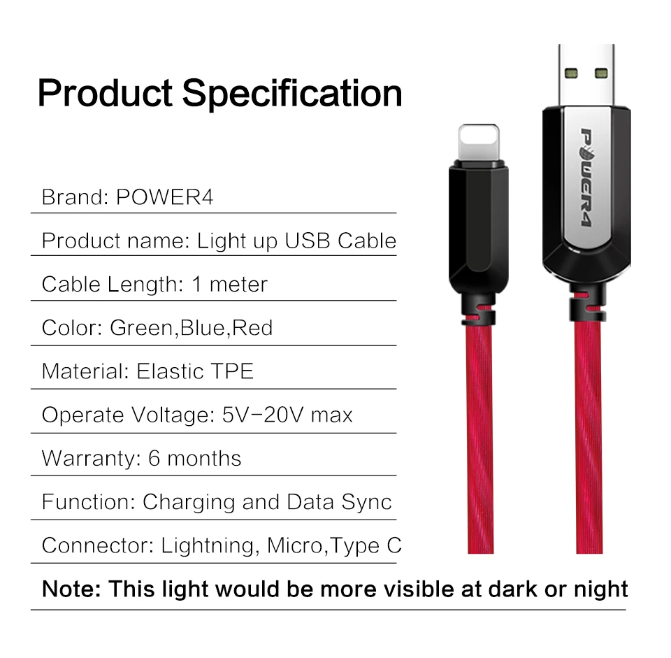 Power4 с подсветкой Micro USB C зарядный кабель для iPhone samsung Led usb type-C зарядный провод для Lightning Apple светящийся кабель
