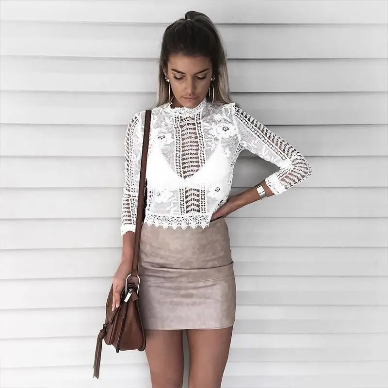 Модная женская кружевная блузка сексуальная полупрозрачная рубашка
