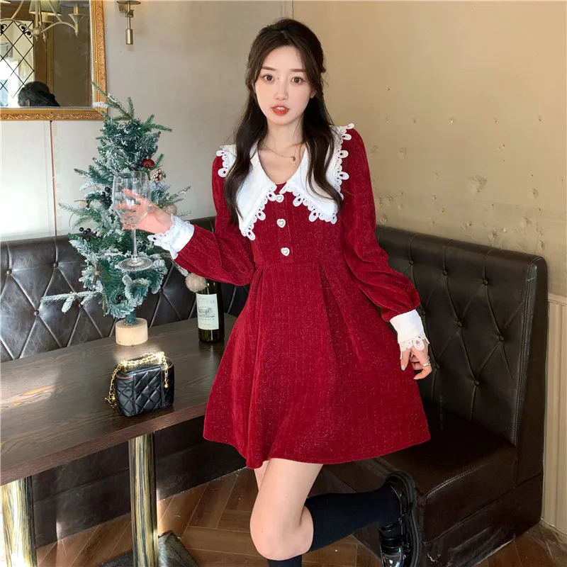 

French Winter Vintage Preppy Style Dress Kawaii Peter Pan Collar Full Sleeve Sweetheart Corduroy Mini Dresses For New Year 2022