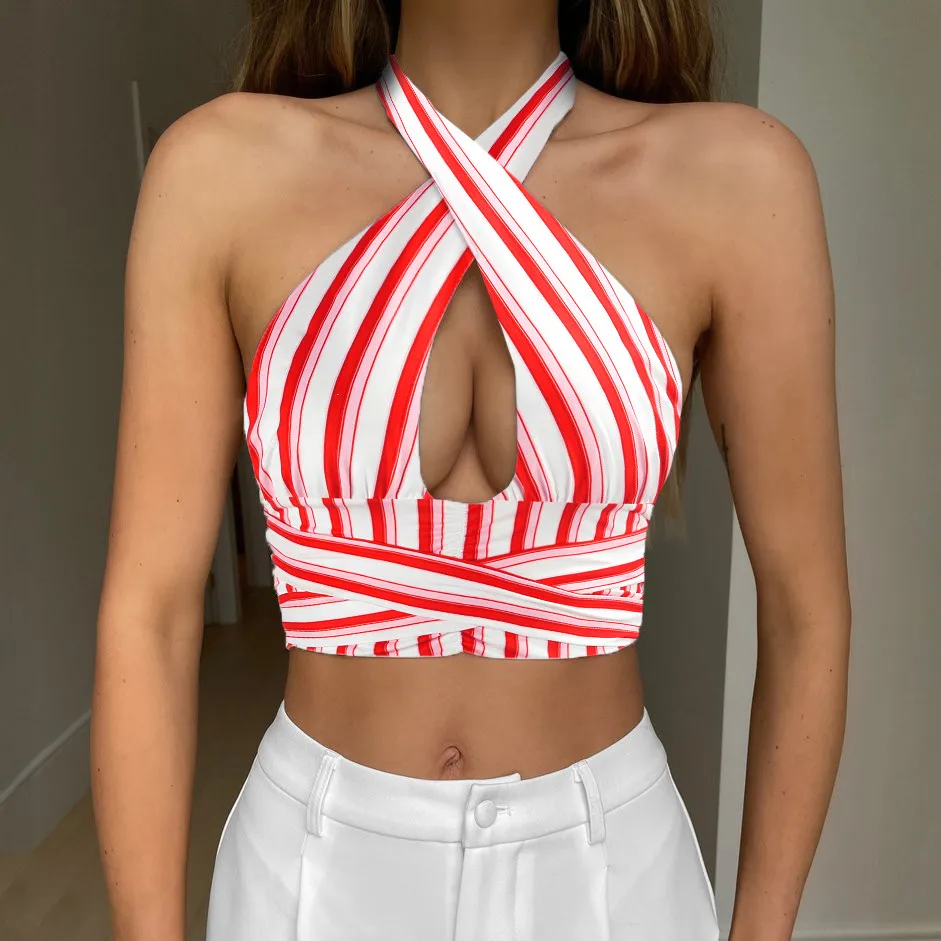 

2021 сексуальные женские летние майки в полоску, топы без рукавов с глубоким вырезом и открытой спиной, укороченные топы с завязками для девоч...