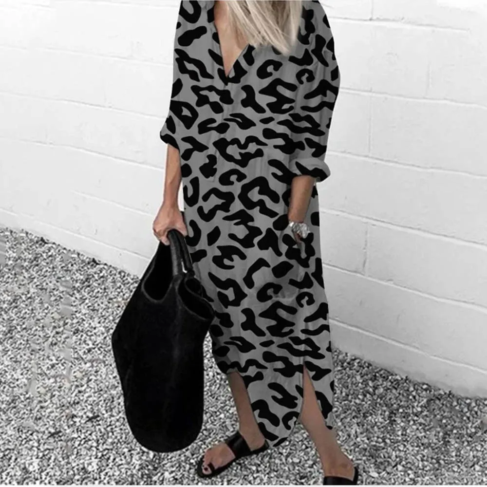 

Women Long Sleeve Printing Leopard Zebra Pattern Loose Home Leisure Shirt Dress Leopard Print Dress Zebra Print Dress