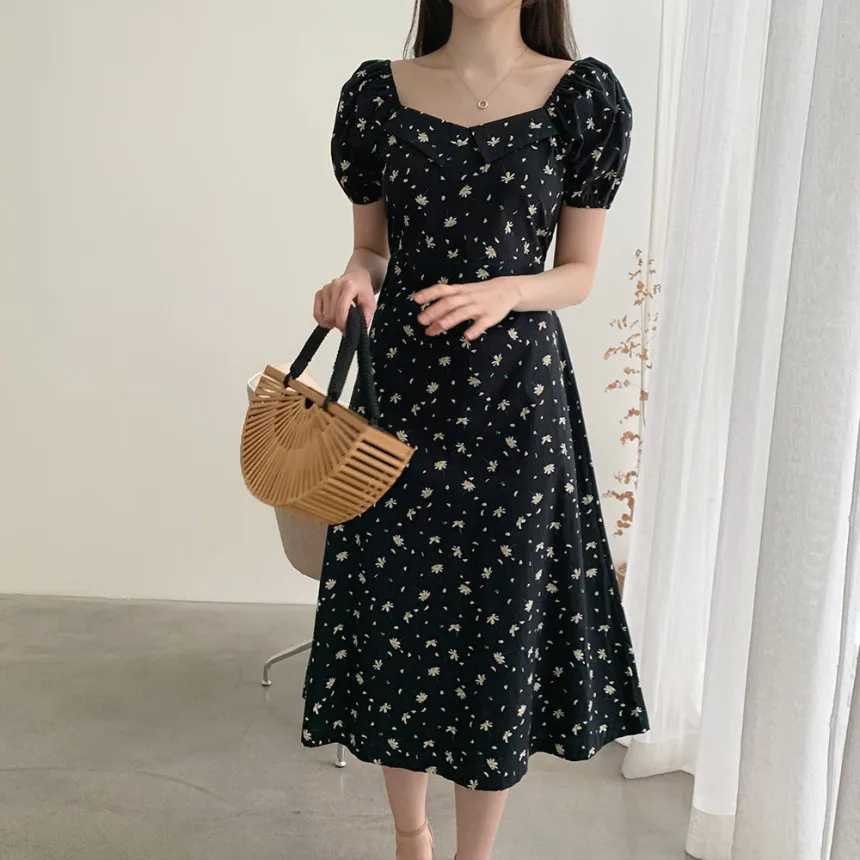 

Summer Women Floral Elegant Dress Square Collar Short Sleeve Lace Up Dress Ladies Vestidos