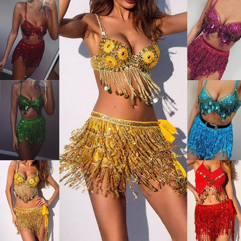 

Folk National dance Faldas Women Sequin Belly Dancer Costume Tassel Wrap Skirt Specil Shiny Featured glitter Club Mini Skirts