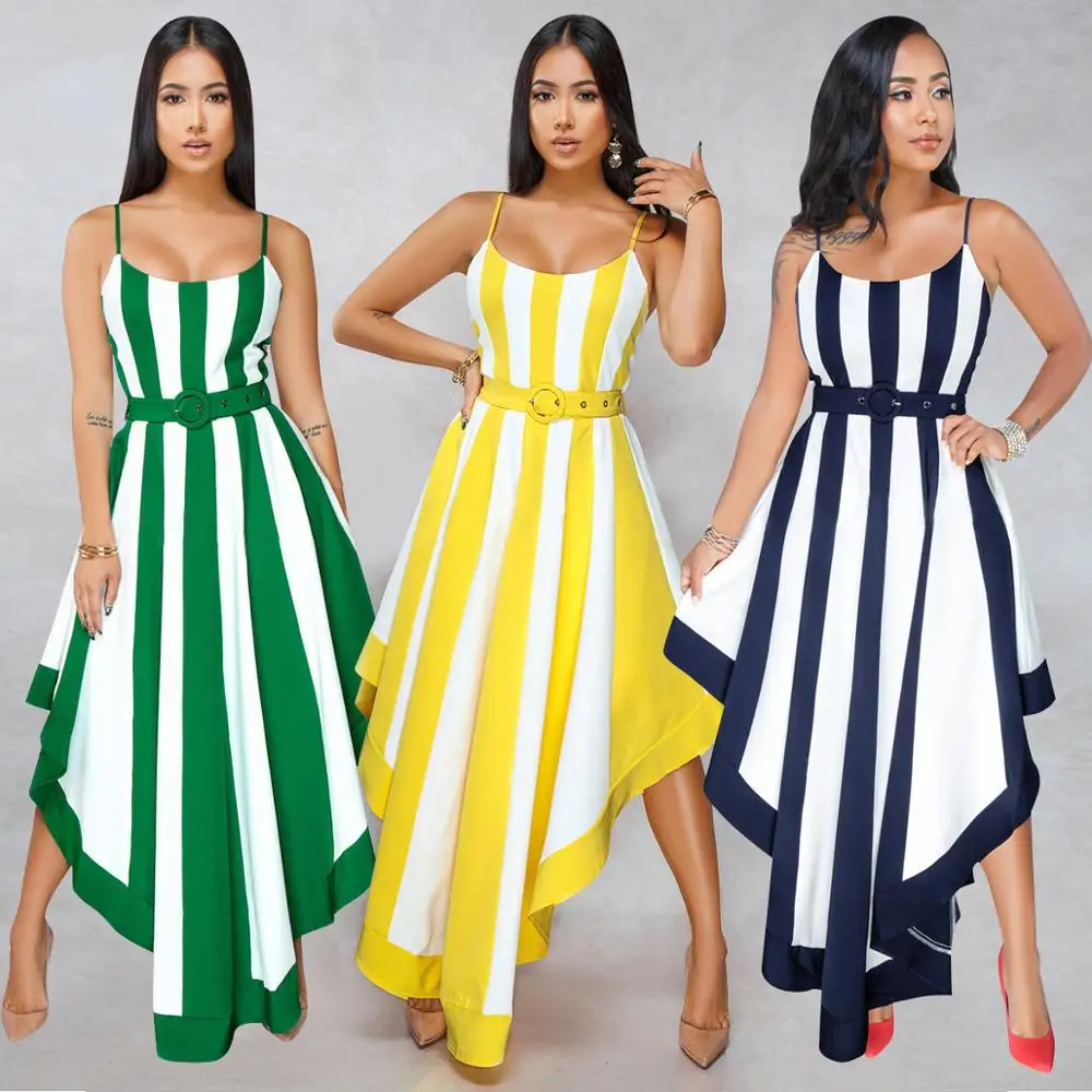 

European and American fashion women's wear, sexy Mosaic stripe print, big three-color dress