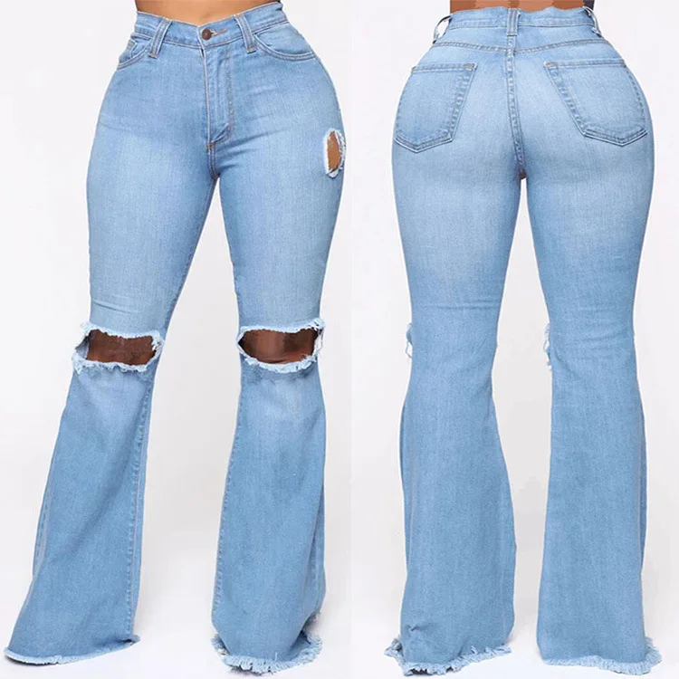 

S-XXXL Ripped Jeans For Women High Waist Jeans Vintage Flare Jeans With Holes Tassels Bell Bottom Jean Denim Pants Trousers