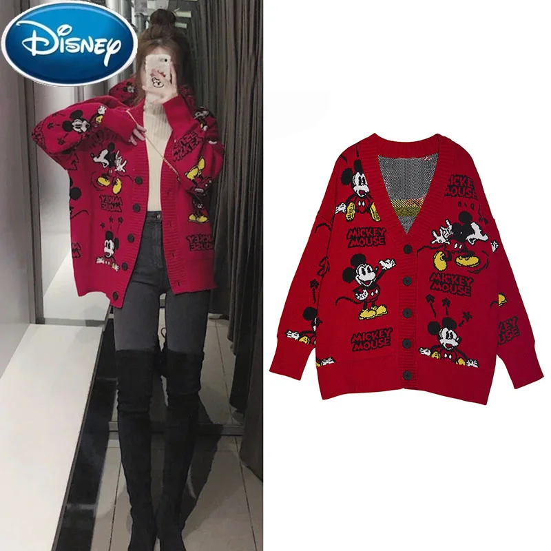 Disney Stylish Mickey Mouse Sweaters Cardigans Tops Cartoon Print Cardigan Red Streetwear Fashion Clothes Loose Sweaters Autumn