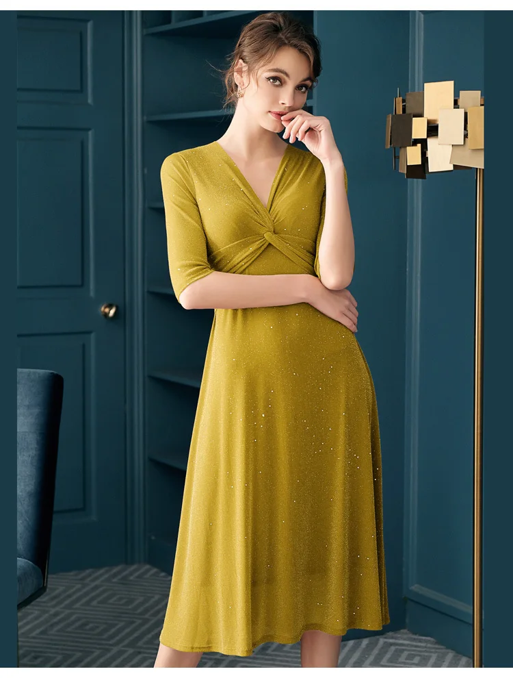 

2020 New Arrival Summer Autumn Sexy V Neck Party Night Women Sequin Elegant Office Lady Midi Dress Vestidos Female