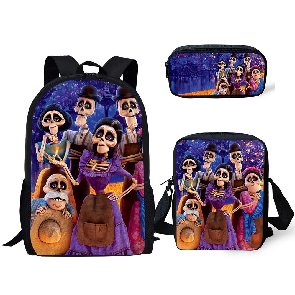 

2021 New Hot 3PCs/Set Children's School Backpack COCO Music Skull Pattern Kids School Bags Cartoon Teenagers Book-Bags Set