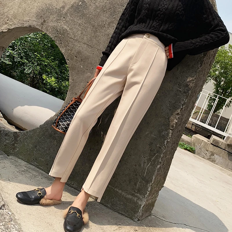

Thickening Black Wool Straight Suit Pants Nine-Point Pants Loose Casual Woolen Harem Pants Autumn Winter Women Clothing 982D
