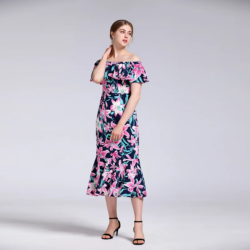 

Summer New Word Shoulder Dress Flower Sexy Off Shoulder Temperament Dress for Women Bohemia Beach Clothes