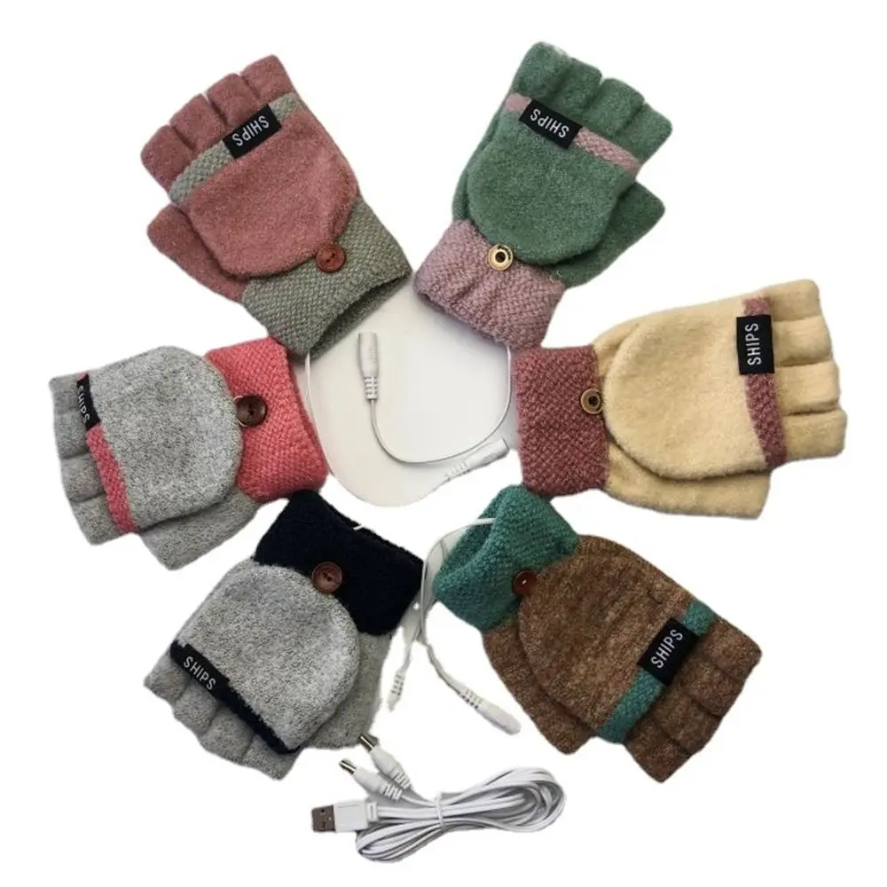 

Теплые перчатки с подогревом, вязаные теплые перчатки с подогревом через USB, зимние варежки с открытыми пальцами