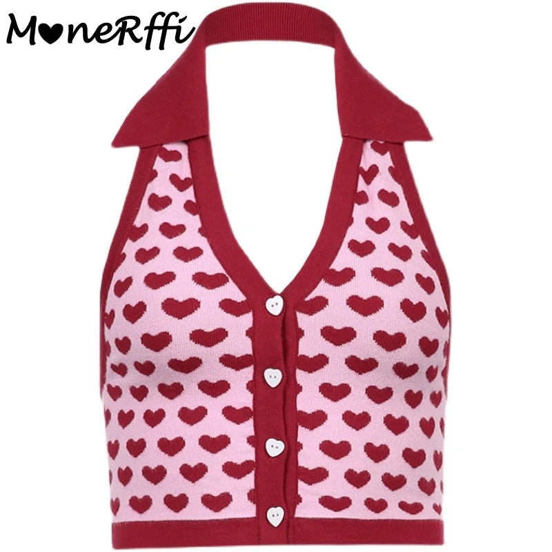 

MoneRffi Heart Print Sleeveless Halter Knit Crop Tops Ladies Sexy Backless Tank Camis Women Vest Summer Knitwear Streetwear Vest