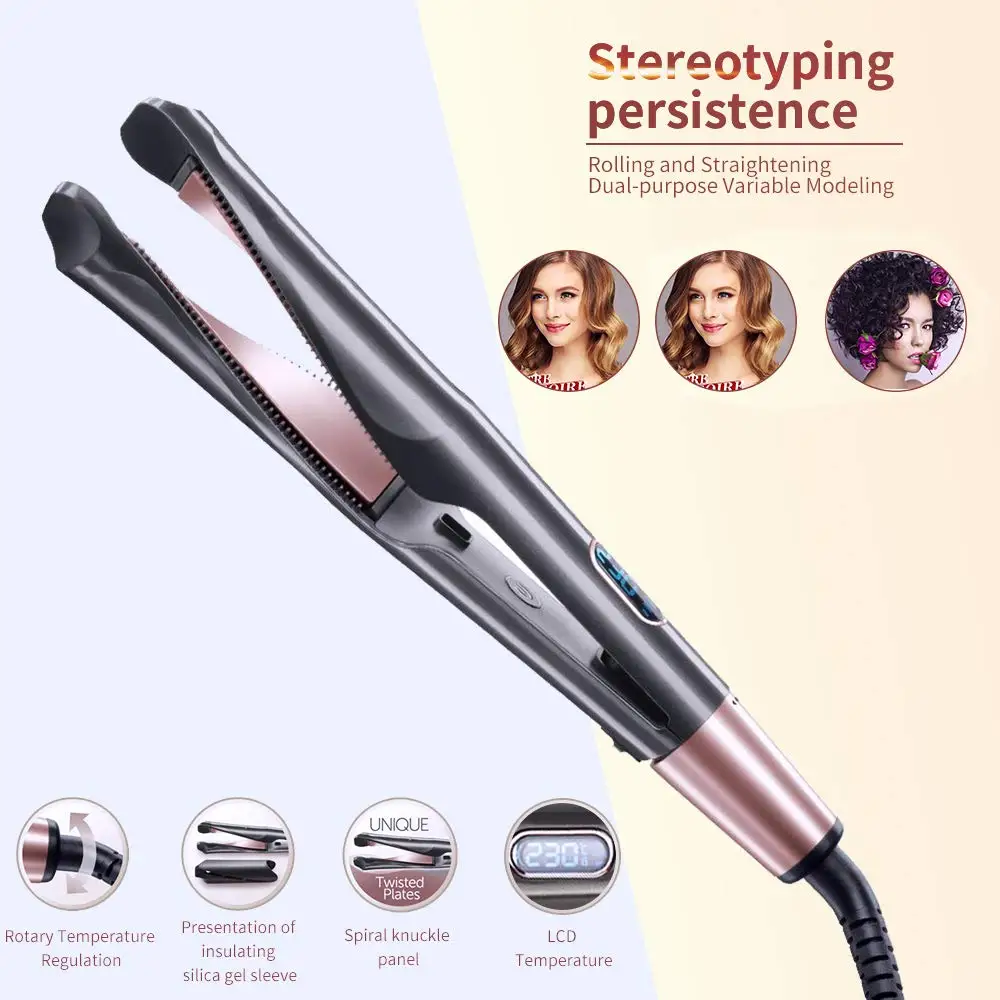 

Professional 2 in 1 hair curler and straightener in one Twist curling iron barber salon flat irons styler Tourmaline ceramic