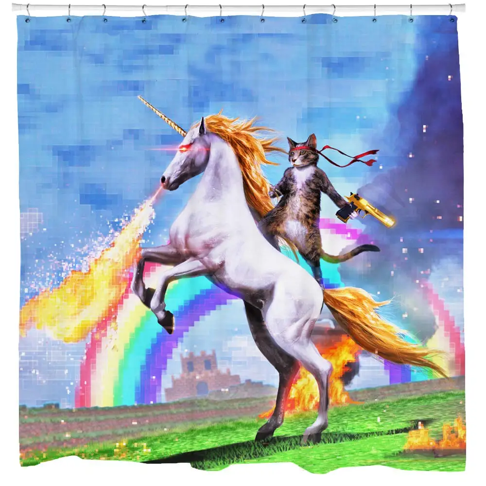 

Cool Cat Shower Curtain Set Man Cave Bathroom Decor Awesome Unicorn Shooting Fire Blue Polyester