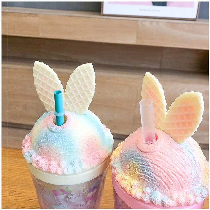 

Rabbit Ear Plastic Water Bottle Large Capacity double Colorfully student Pink Yellow Green Summer Straw Ice Cream Cup