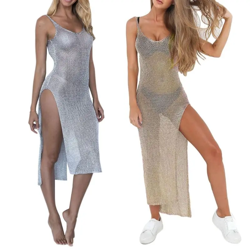 

Women Sexy Summer Sunscreen Sheer Mesh Bikini Cover Up Metallic Solid Color Backless High Slit Beach Club Party Sleeveless Dress