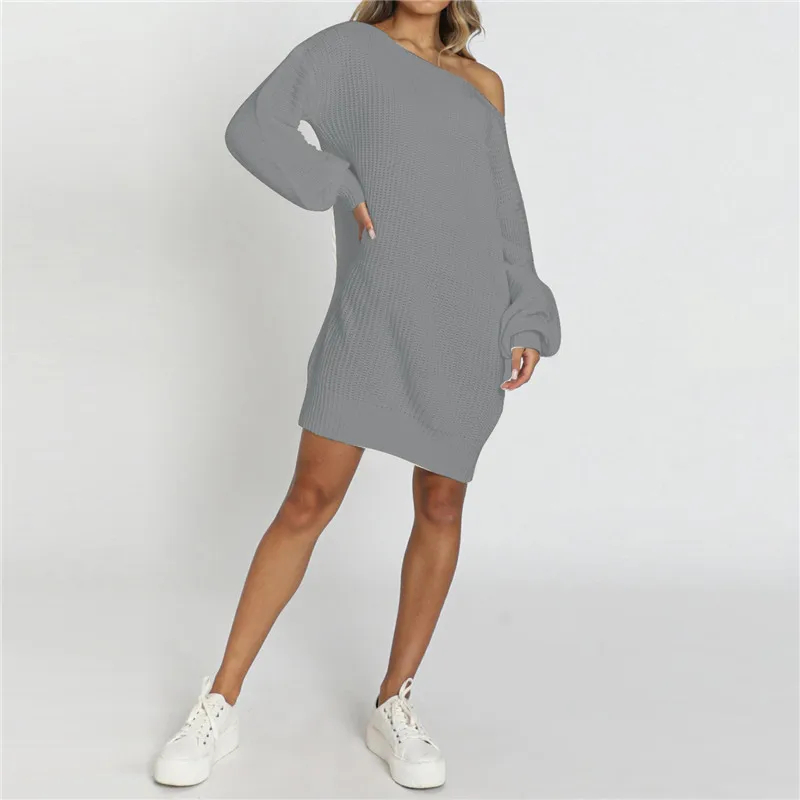 

Women Knitted Dress Lantern Sleeve Sexy Off-shoulder Sweater Dress Spring Autumn Solid Color Fashion Knitted Skirt Mini Dress