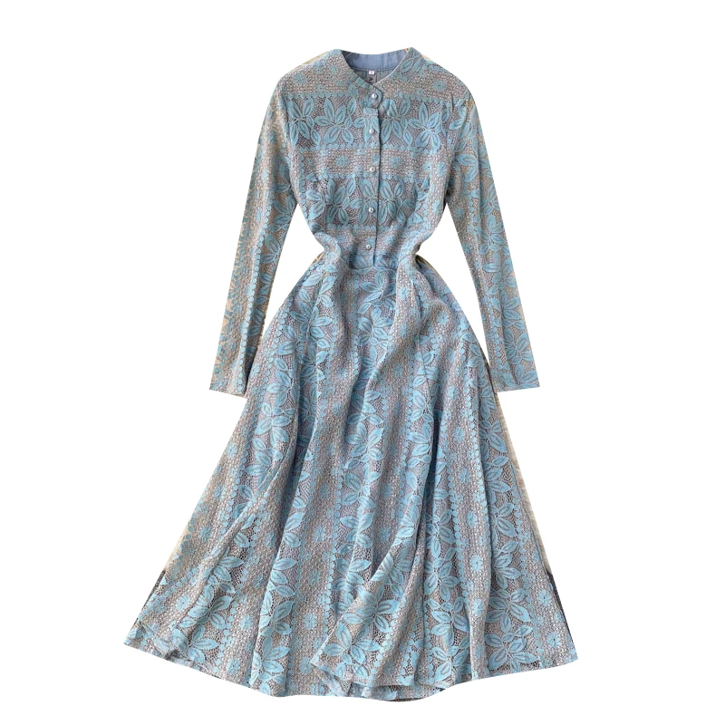 

Spring 2021 New French Retro Temperament Vestidos Women's Lapel Slim Slimming Lace Crocheted Midi Dress C674