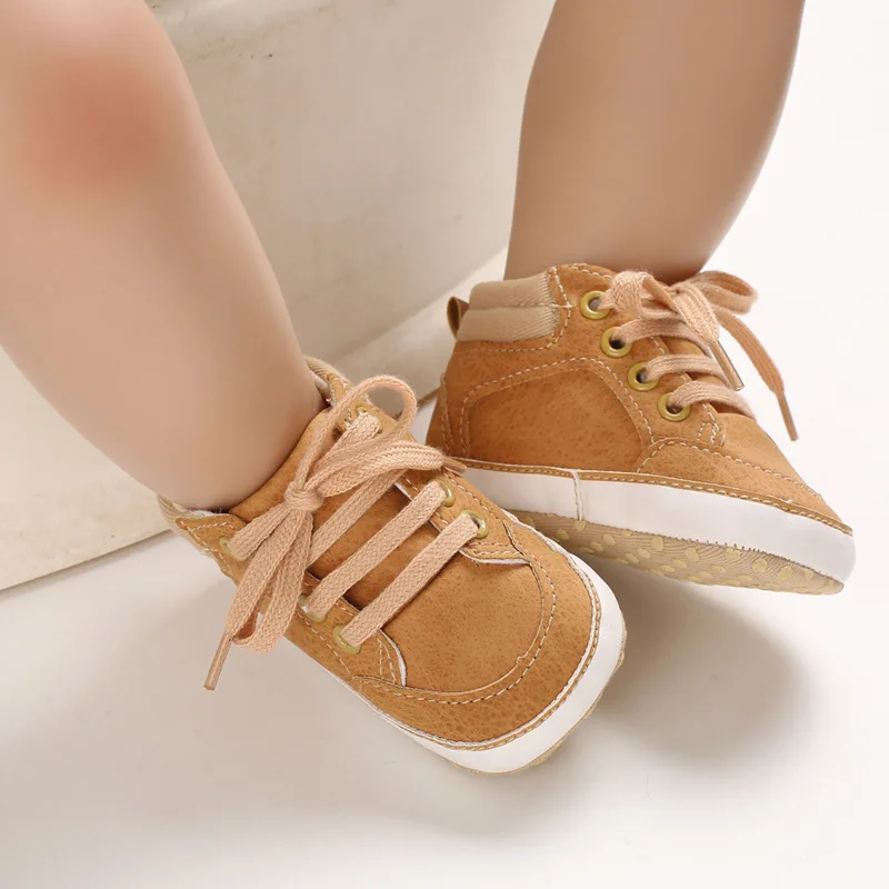 Light Brown Новинка; повседневная детская обувь; однотонная обувь средней высоты на нескользящей мягкой подошве с кружевом спереди и верхом из искусственной кожи; обувь для малышей - Цвет: Light Brown