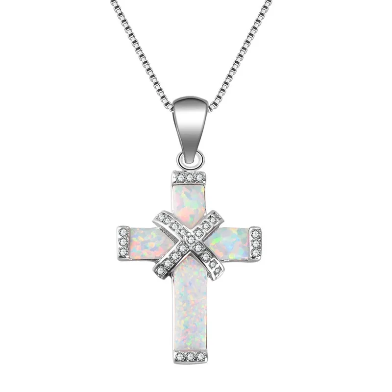 

Fashion X Shape Cross White Fire Opals Charm Pendant Necklace Jewelry Gifts