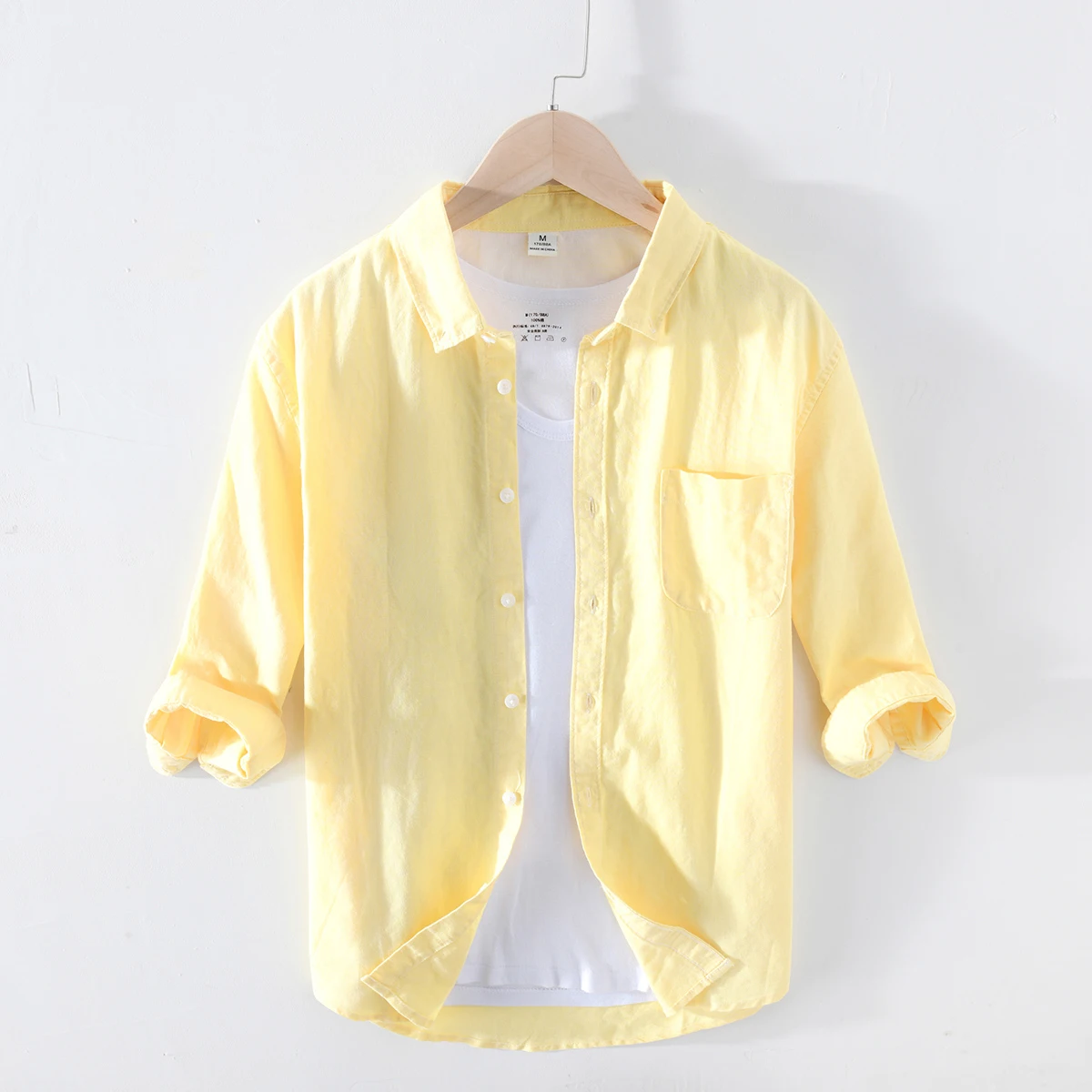 

2020 New Yellow Shirt Men Three Quarter Sleeve Slim Fit Clothing Pure Cotton Basic Classic Tops