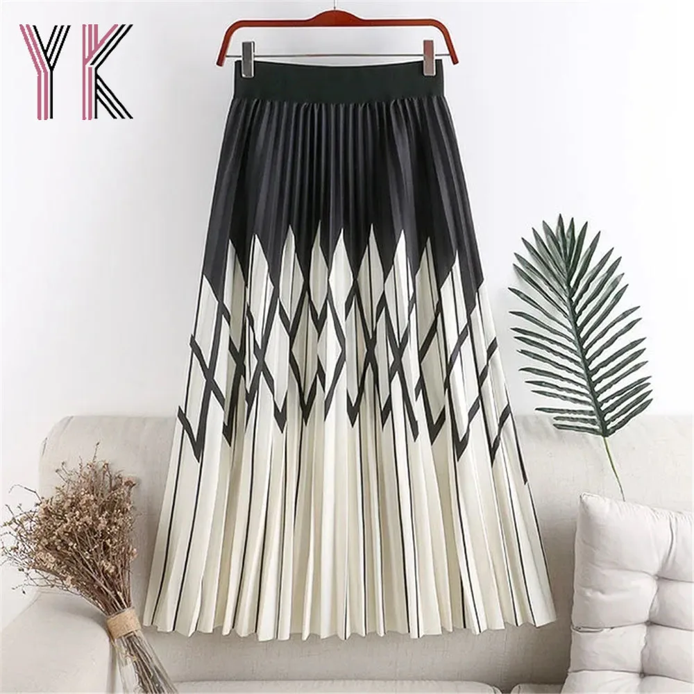 

Contrast Stitching Diamond Plaid Print Pleated Midi Skirts Loose Elastic High Waist Sukienka Vintage Korean Fashion A-Line Saia