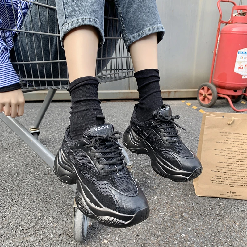 

Black Sneakers Women Platform Shoes 2021 Chunky Beige Trainers Breathable Sneakers Gray Woman Vulcanize Shoes Basket Femme