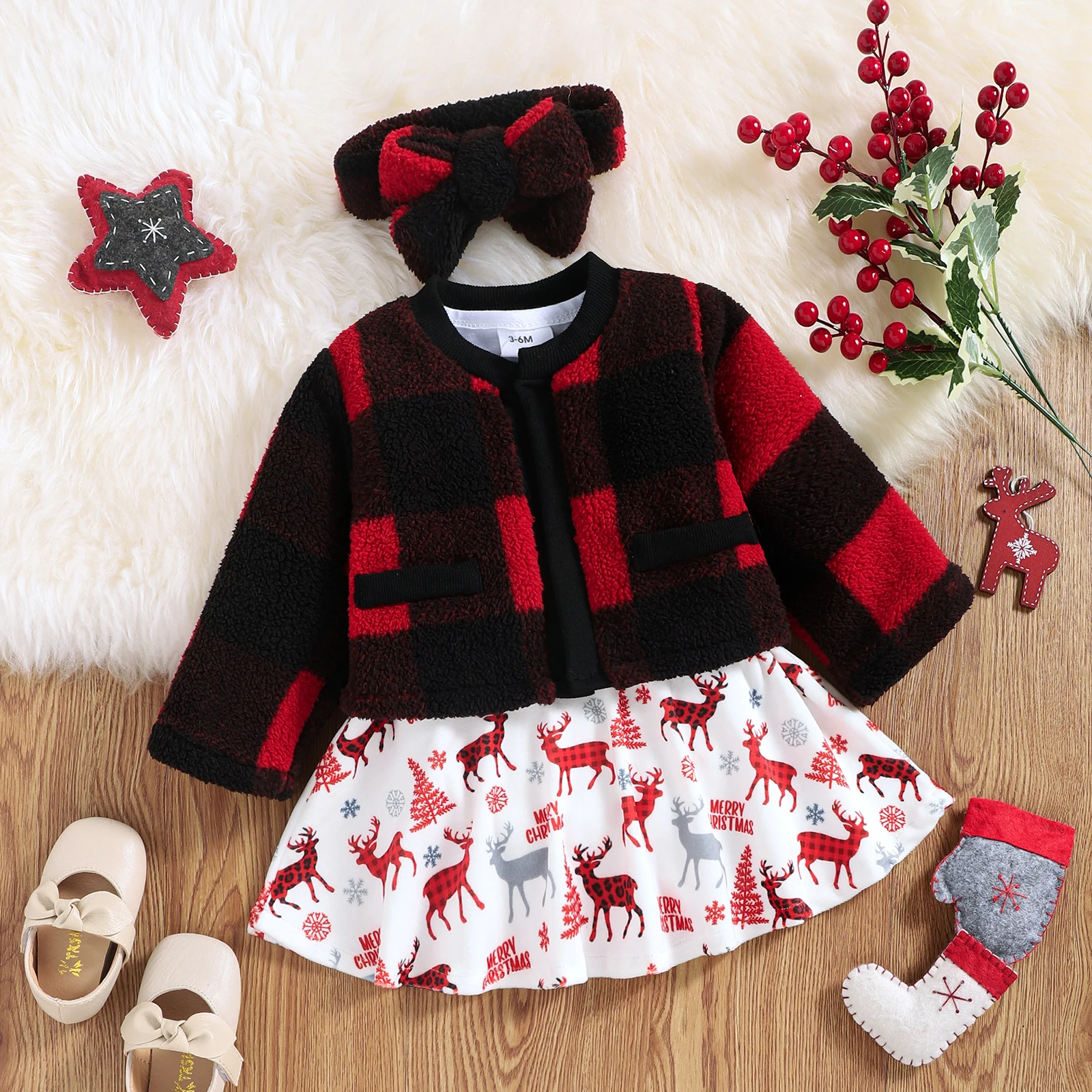 

Baby Girl Christmas Dress, Coat Suit, Long Sleeve Round Neck Elk Midi Plaid Velvet Cardigan + Headband 3M-3T 2021 New Fashion