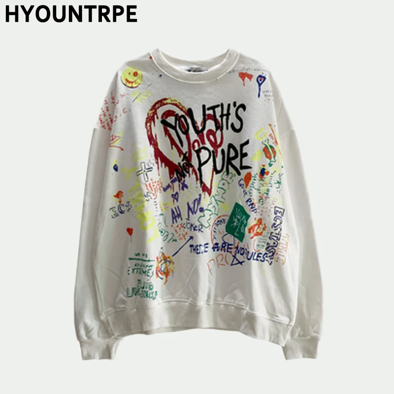 

Fashion Graffiti Printed Streetwear Pullovers Men Hoodies Loose Harajuku O Neck Long Sleeve Hip Hop Unisex Skateboard Sweatshirt