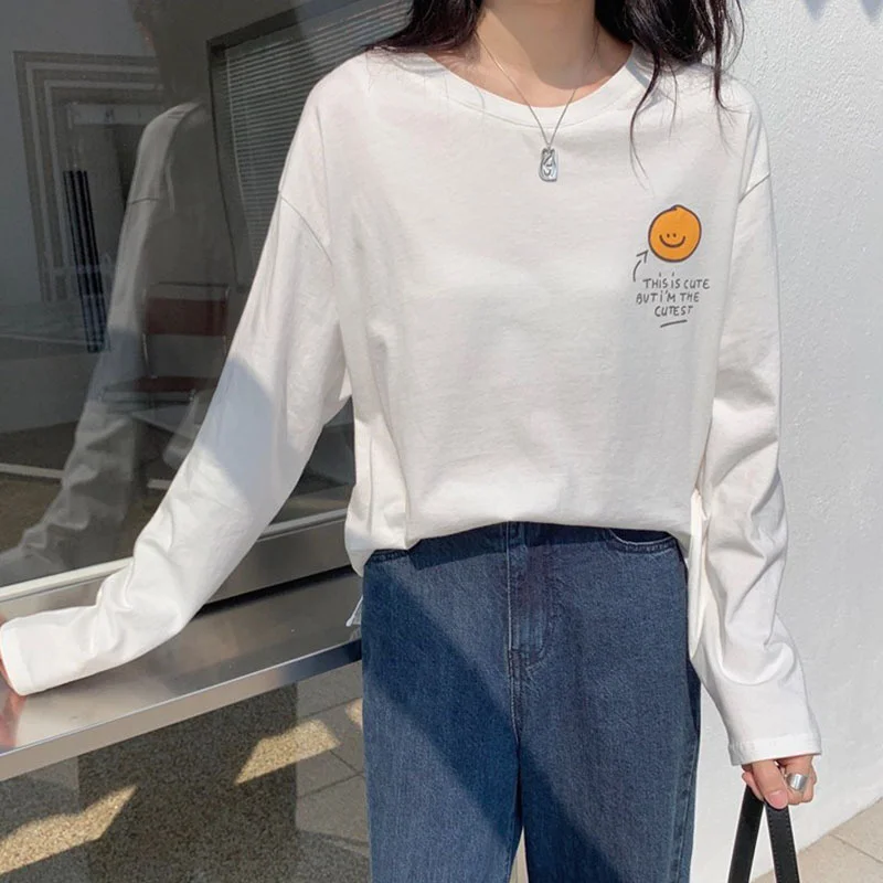 

2021 New Letters Anime O-neck Cotton All-match Long Sleeved Autumn and Winter Fashion Women's Oversized Bottoming Shirt T-shirt