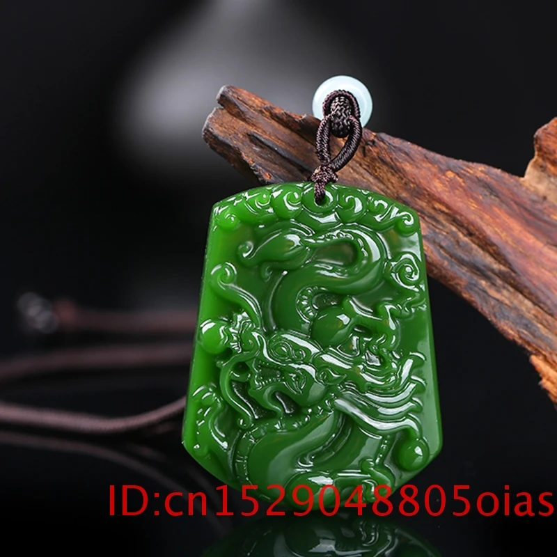 Китайский ручной резной дракон натуральный зеленый нефрит кулон ожерелье Шарм
