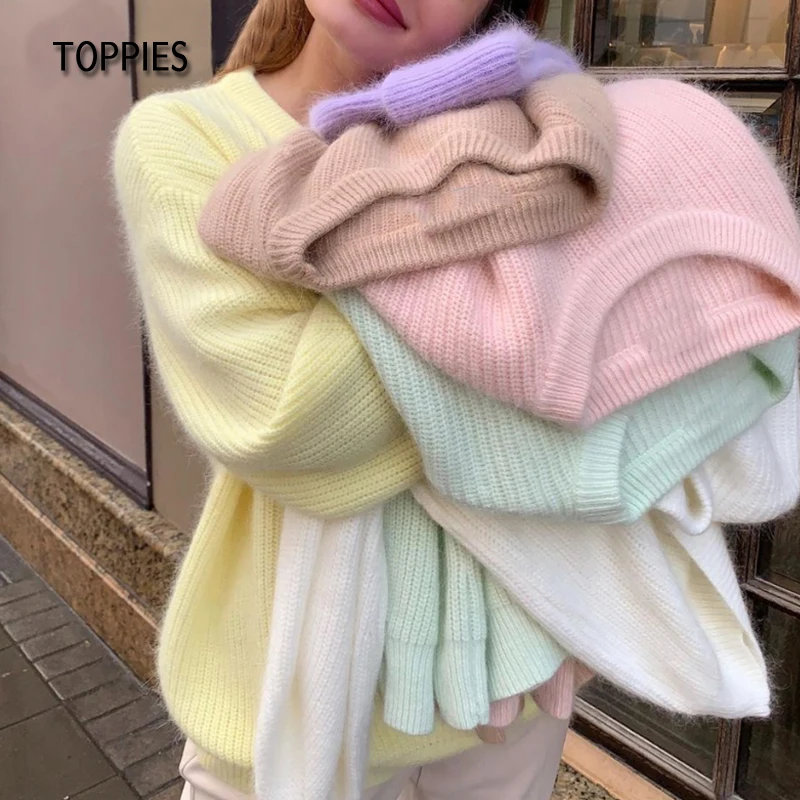 

Toppies 2021 Autumn Winter Cozy Knitted Sweater Women's Round Neck Solid Pullover Sweater Sweet Korean Fashion Girls Top