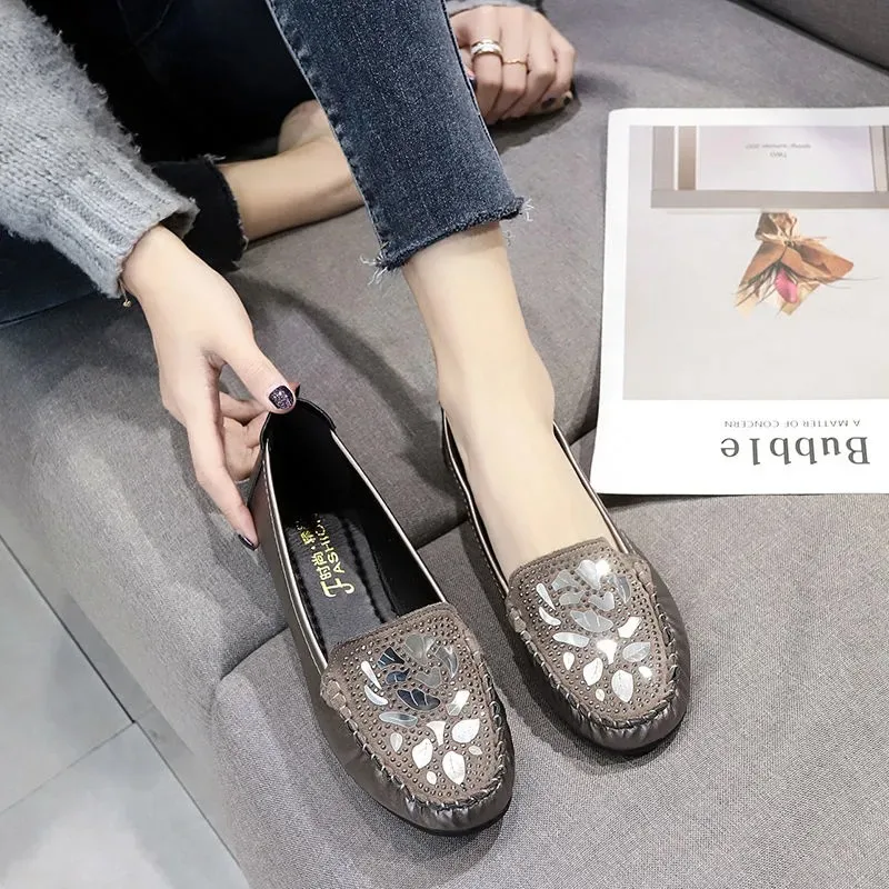 

Elegant Flat Loafer Shoes For Women Moccasins Black Metallic Studded Flats Comfy Mom Slipon Shoes Ladies Flats Causal Boat Shoes