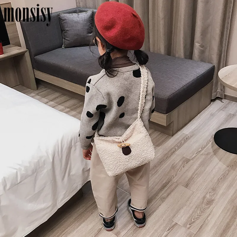 Monsisy/зимние шерстяные сумки через плечо для девочек Сумочка детей яркие