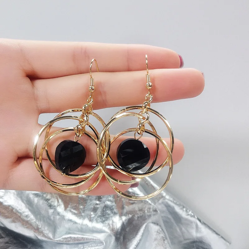 Корейские личные серьги дикие длинные кольца с черным кристаллом