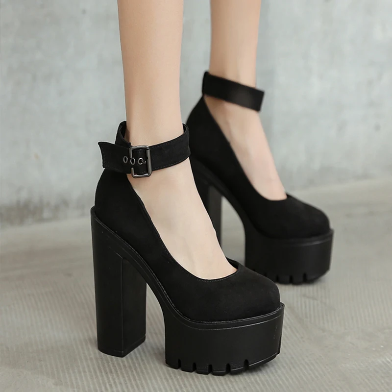 

Spring Autumn Womens Chunky Block High Heel Platform Shoes Ankle Strap Buckle Pumps