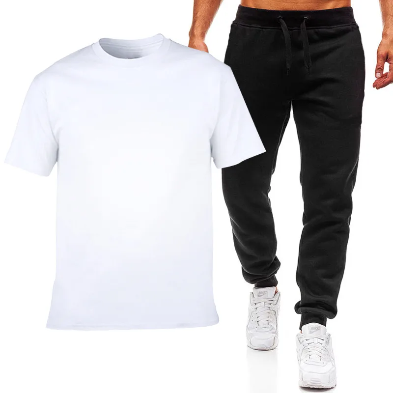 

Мужская Однотонная футболка из чистого хлопка с коротким рукавом и повседневные брюки, Спортивный Повседневный костюм для мужчин, лето 2021