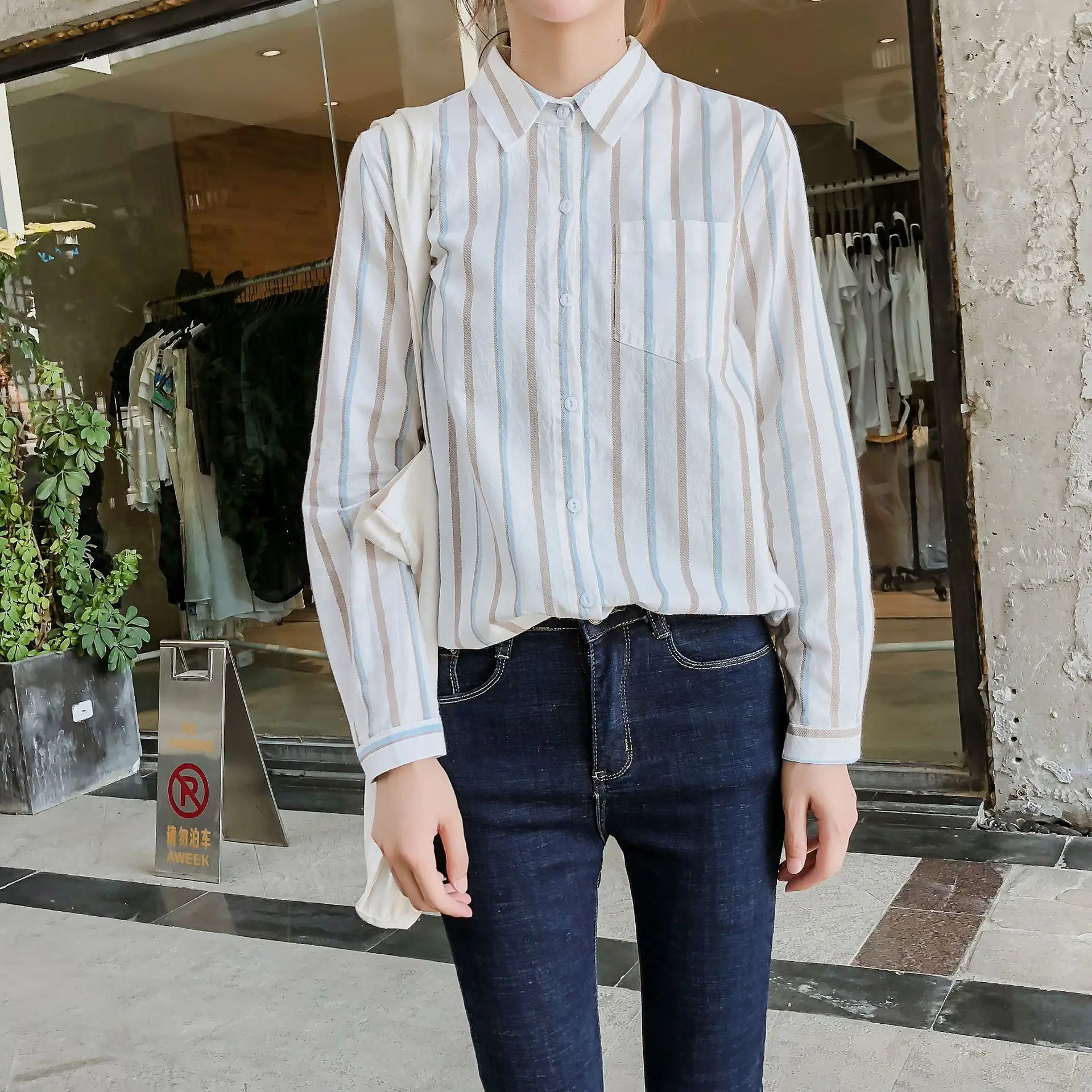 Mulheres listrado blusa camisa de manga longa feminino solto blusas outono 100% algodão casual senhoras escritório branco|Рубашки| |