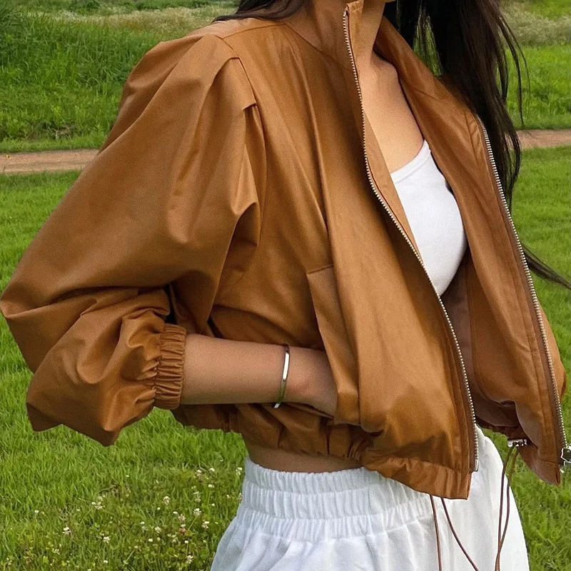 

Fall PU Jacket Lapel Zip Drawstring Lace-up Leather Jackets for Women 2021 Y2k Clothes Club Outfits Streetwear Wholesale Items