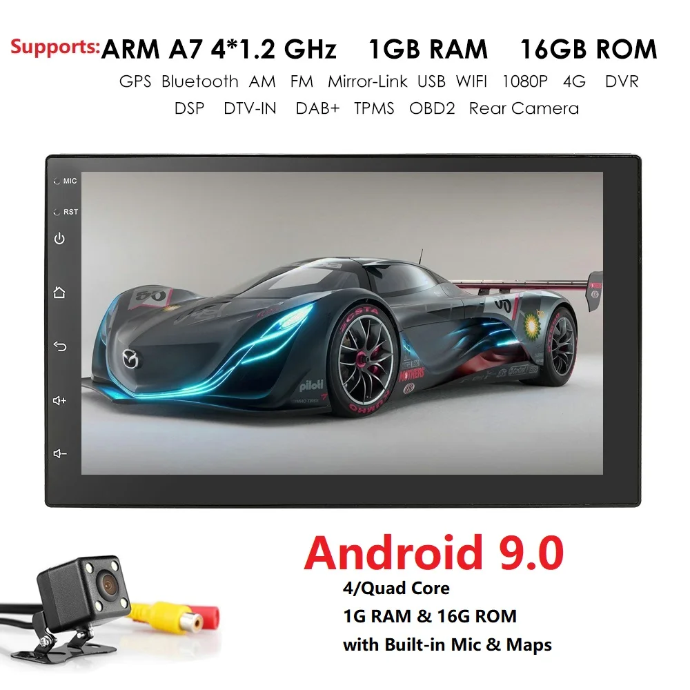 DSP 2Din " Android 9,0 автомобиль без DVD плеер Радио Стерео gps головное устройство Navi 4-х ядерный OBD2 BT WiFi 1 ГБ Сенсорный экран DAB зеркало+ Cam+ карта
