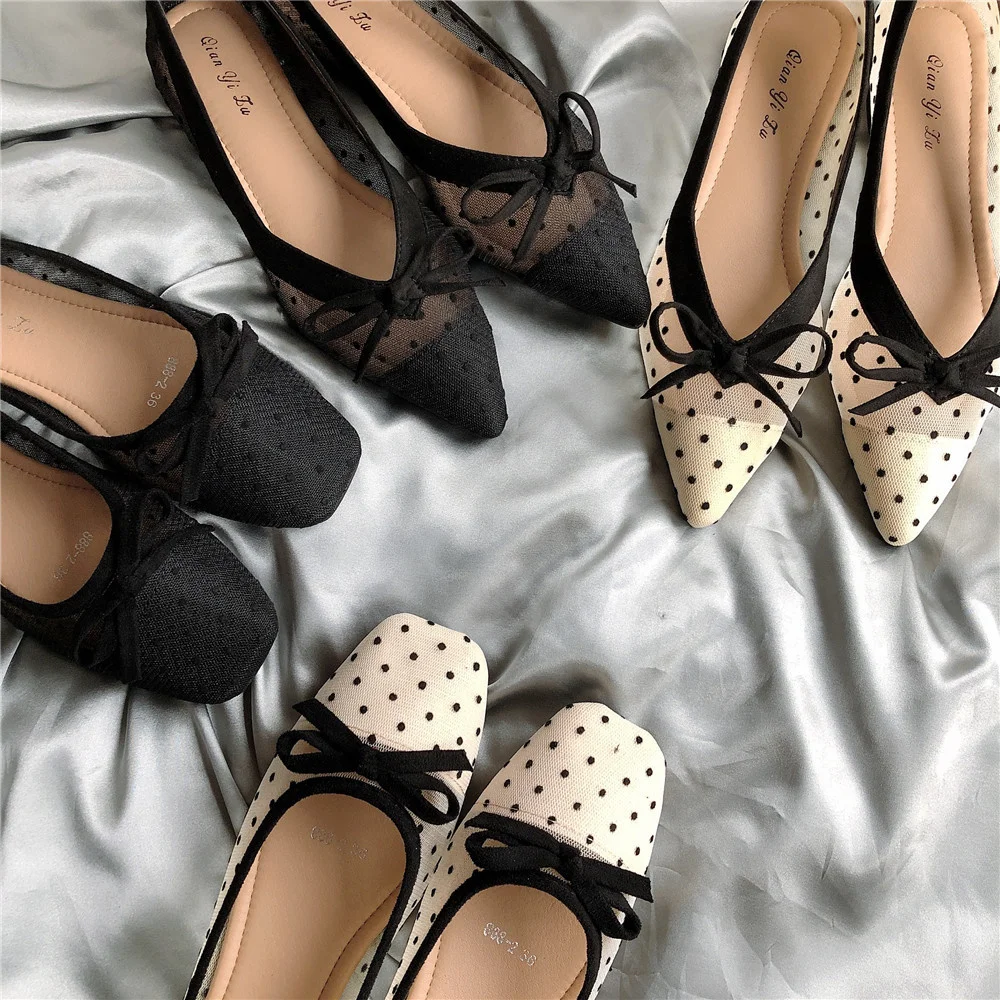

Polka Summer Dot Air Mesh Shoes Women Hot Loafers Sneakers Woman Flats Espadrilles Pointed Toe Bow-knot Breathable Moccasins