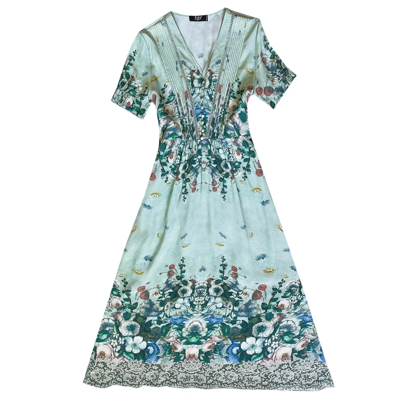 

COIGARSAM 3XL Plus Size Vintage Print Women Long dress New Summer Pleated Hollow Out V-Neck Dresses Design And Color 2027
