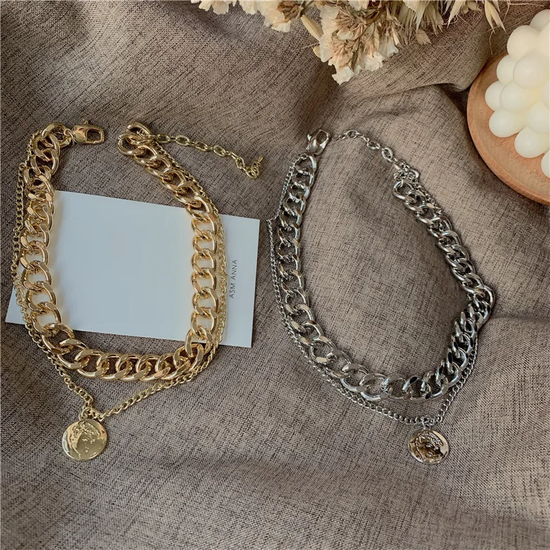 

retro portrait exaggerated thick chain necklace double personality chain hip hop cervical chain short clavicle chain women 2020