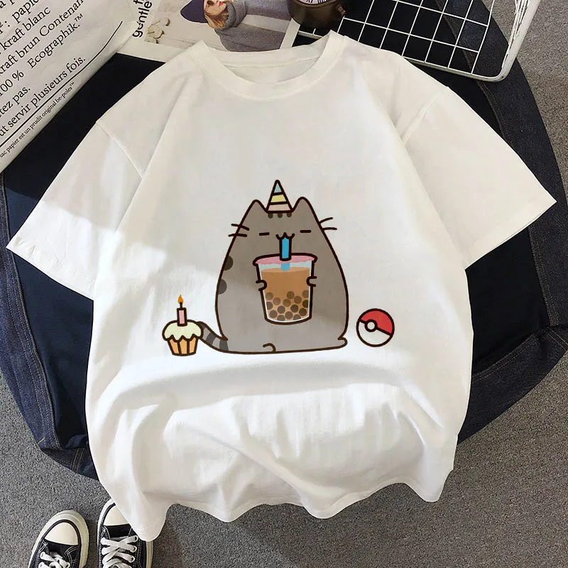 Kawaii, футболка с толстым котом, женская, новинка, летняя, милая, модная, короткий рукав, футболка, белая, тонкая, с секциями, хипстер, футболка, Топы, одежда - Цвет: 20849